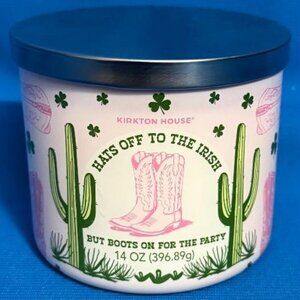 NEW HATS OFF TO THE IRISH BUT BOOTS ON FOR THE PARTY SCENTED CANDLE 3 WICK 14 OZ